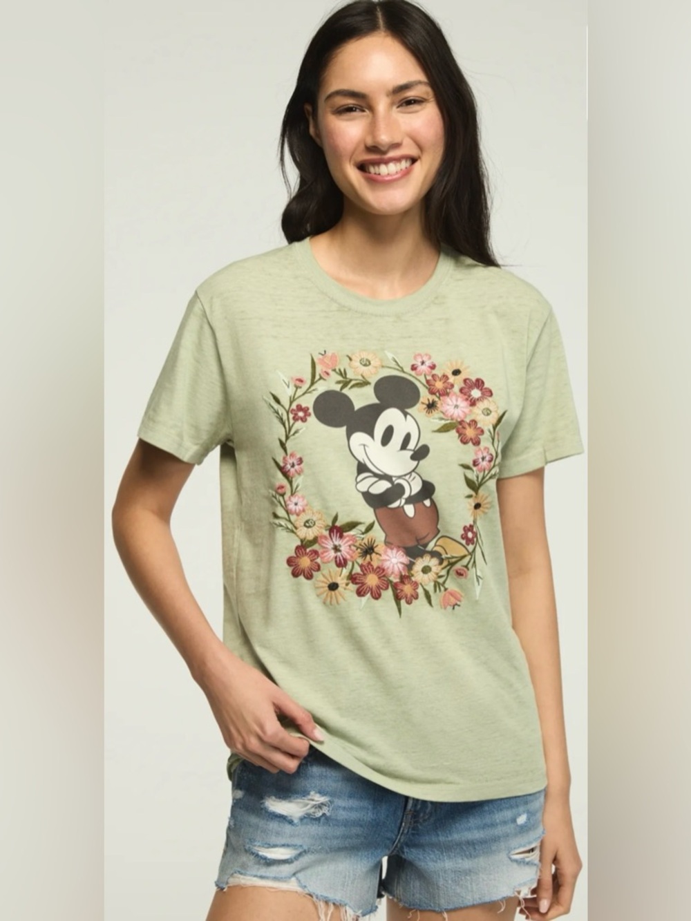 Disney Mickey Mouse Logo Flower Embroidered Tee Sage Green Size S NWT